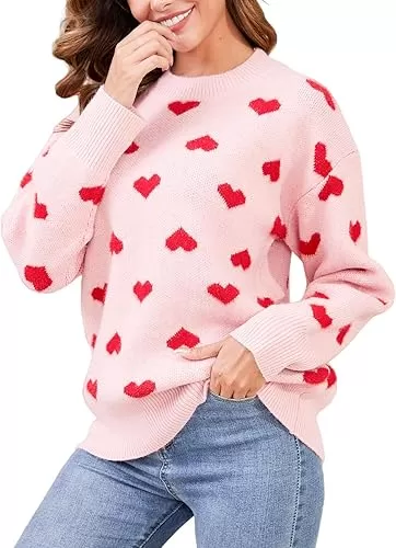 Gihuo Heart Sweater for Women Cute Kawaii Casual Crewneck Long Sleeve Knitted Pullover Sweaters