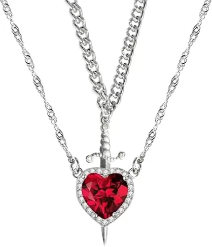 GulCean Heart Sword Necklace For Couples Stainless Steel Twist Water Wave Chain Cuban Chain Dainty Trendy Matching Sword And Heart Necklace Set Jewelry Gift