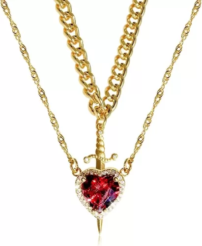 Heart and Sword Necklace for Couples Heart and Sword Couple Necklace Red Crystal Heart Necklace Gold Sword Necklace Matching Couple Necklaces Couple Jewelry for Him and Her
