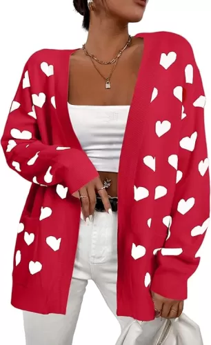 Heart Cardigan Sweater for Women Oversized Valentine Cardigan Cute Love Print Open Front Knit Sweaters Coat with Pockets