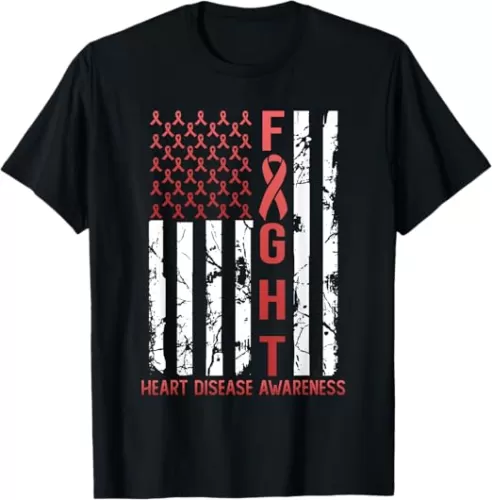 Heart Disease Awareness February USA Flag Ribbon Red T-Shirt