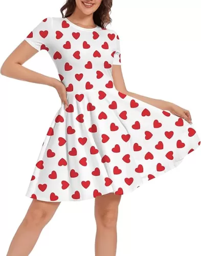 Heart Dress Women Valentines Love Day Outfits Short Sleeve Trendy Swing Dresses