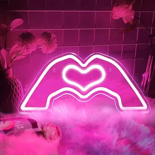 Heart Hands Neon Sign, Pin/k Neon Signs Lights Led Love Finger Neons Sign Wall Art Music Singer Fans Merch Decor Gifts with Dimmable USB Charge for Bedroom Game Room Bar Party, Birthday, Christmas