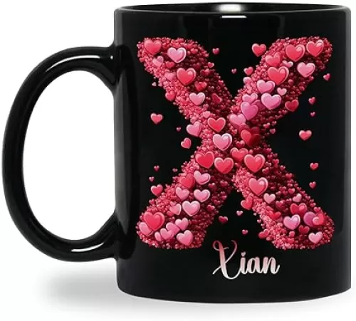Heart Letter X Cup, Alphabet Black Mug, Personalized Name Valentine Cup, Gift For Loved One, Custom Love Ceramic Mug, Customized Initial X Coffee Cup 11oz 15oz, Valentine