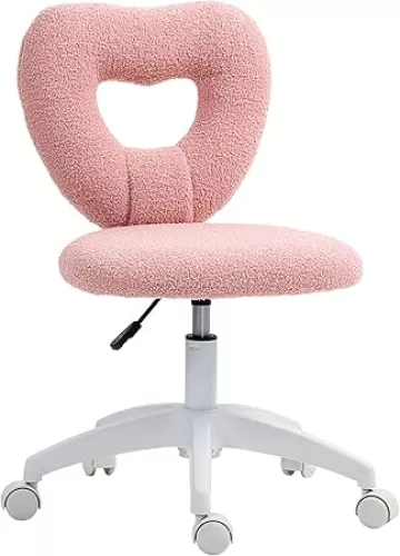 HOMCOM Armless Home Office Cute Desk Chair, Height Adjustable Computer Task Chair, Modern Teddy Fleece Heart Makeup Vanity Chair with Swivel Wheels, Pink