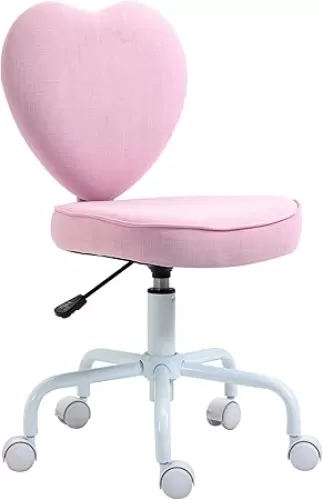 HOMCOM Armless Home Office Desk Chair, Modern Fabric Makeup Vanity Chair with Heart Shape, Swivel Wheels, Height Adjustable, Pink
