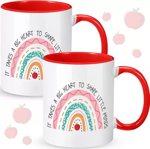 Honeydak 2 Pcs Teacher Coffee Mugs Appreciation Gifts for Women, 11 oz It Takes a Big Heart to Shape Little Minds Ceramic Cups Thank You Gifts for Teacher(Vivid Color, Shape Little Minds)