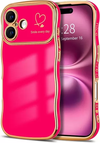 Hython for iPhone 16 Case Wave Wavy Phone Cases with Love Heart, Luxury Plating Edge Cute Curly Shape Cover for Women Girls, Thin Slim Soft TPU Rubber Shockproof Protective Cover, Hot Pink