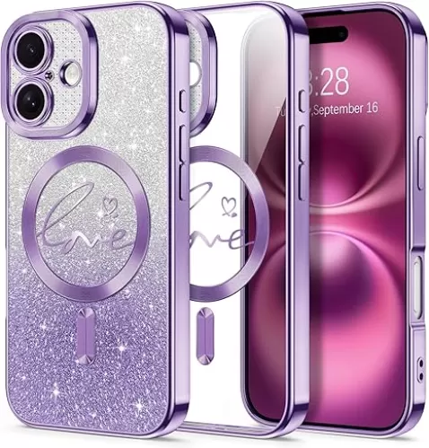 Hython for iPhone 16 Plus Case Glitter, Compatible with MagSafe Love Heart Magnetic Clear Phone Cases for Women Girls, Full Camera Protection Sparkle Plating Shockproof Protective Cover, Pink