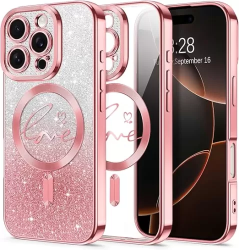 Hython for iPhone 16 Pro Case Glitter, Compatible with MagSafe Love Heart Magnetic Clear Phone Cases for Women Girls, Full Camera Protection Sparkle Plating Shockproof Protective Cover, Pink