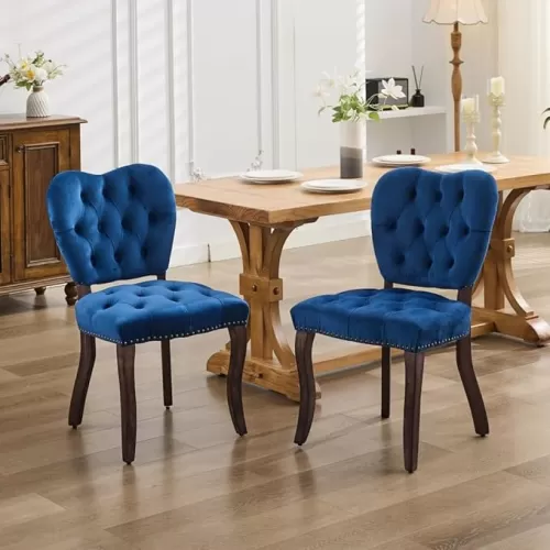 i-POOK Set of 2 Vintage Tufted Upholstered Fabric Dining Chair, Dining Room Chairs with Heart-Shaped Backrest & Solid Wood Legs, Blue