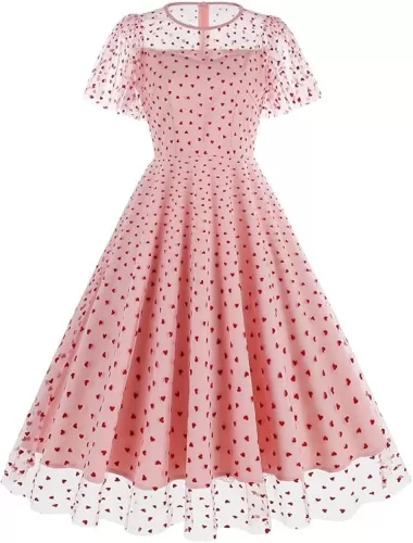 IBTOM CASTLE Women's 1950s Vintage Dress: Short Sleeve Heart Print Mesh Rockabilly Swing Dress Retro Evening Dance Prom Ball Gown Cocktail Party Pinup 50s Hepburn Style A line Dress Pink-Red Heart S