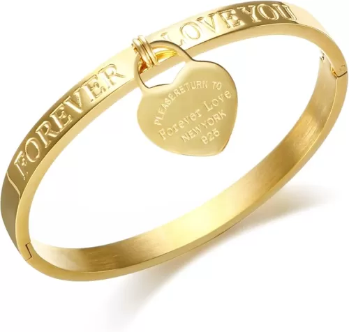 JINHUI Gold Bangles Bracelets for Women, Love Heart Dangle Charm Dainty Women’s Bangles Bracelets Hollow out 18K Plated Engraved Stainless Steel 6.5”