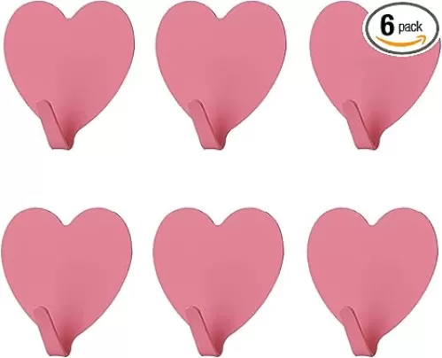 JtmyAota 6 Pack Heart Shaped Decorative Wall Hooks, Stainless Steel Strong Adhesive Wall Hook for Home Kitchen Bathroom Office (Pink)