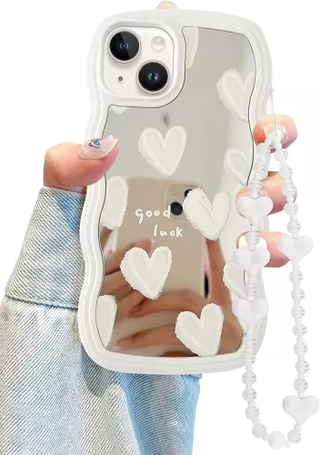 Jusy for iPhone 15 Case with Wavy Edge, Cute White Heart Mirror Curly Wave Frame Shape Phone Cases, Shockproof Hard PC & Soft TPU Bumper Protection Cover for Women Girls with Bracelet Chain