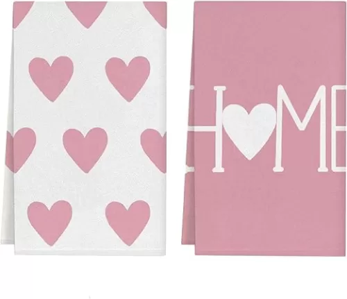 Kitchen Towels Pink Heart Love Home Valentine's Day Kitchen Dish Towels, 18x26 Inch Anniversary Wedding Decoration Hand Towels Set of 2