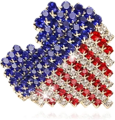 KKAMAGI American Flag Brooch and Pins Patriotic Crystal Rhinestone Heart Shaped Lapel Star Spangled Banner Pin Jewelry for Men and Women