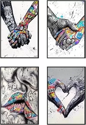KLPOARTQ Street Graffiti Art Poster Couple Love Heart Mural Set of 4 Frames Prints Wall Decor Canvas