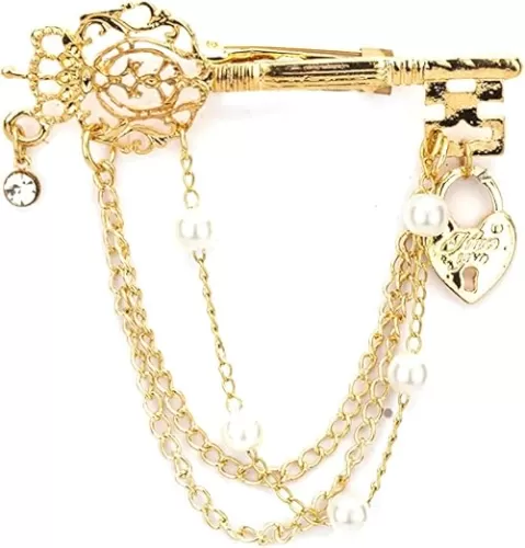 Knighthood Gold Key With Heart Shaped Lock Charm Hanging Chains, Pearls And White Stone Collar Pin Brooch, Suit Stud, Shirt Studs, Lapel Pin Accessories for Men Women