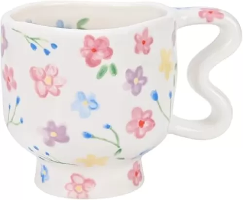 Koythin Ceramic Coffee Mug, Novetly Flower Latte Cup with Heart Shaped Handle for Office and Home, Cute Breakfast Cups 8.5 oz/250 ml for Latte Tea Milk (Colorful Flowers)