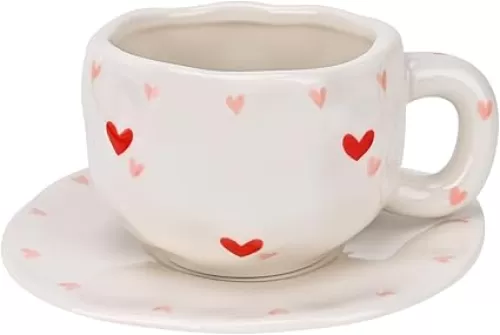 Koythin Ceramic Coffee Mug with Saucer Set, Cute Creative Red Heart Cup Unique Irregular Design for Office and Home, 10 oz/300 ml for Latte Tea Milk