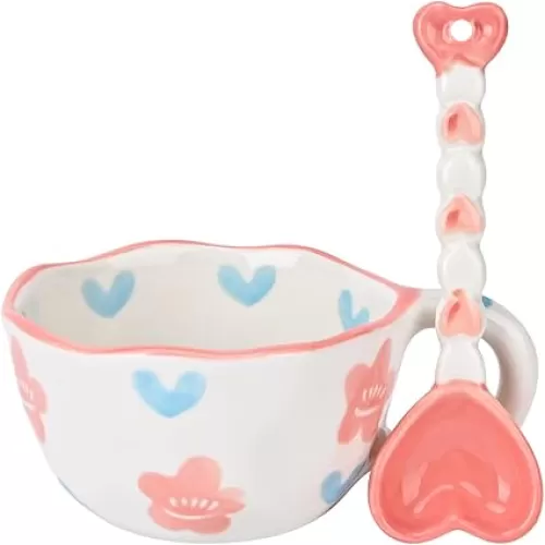 Koythin Floral Ceramic Mug Coffee Cup with Heart Spoon, Cute Flower Mugs for Women, 8.5 oz/250 ml for Valentine's Day, Christmas, Birthday for Her, Girlfriend, Mom (Pink Flower Love)