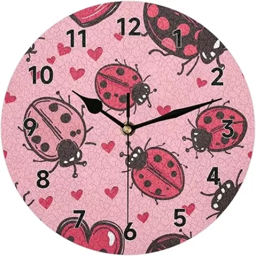 Ladybird Love Heart Wall Clock 12 Inch, Round Silent Non Ticking Wall Clock Quartz Decorative Battery Operated Wall Clocks Decorative for Bedroom Bathroom Living Room Office