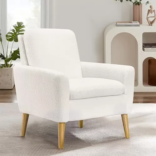 Lohoms Sherpa Accent Chair, White Teddy Fabric Upholstered Comfortable Armchair, Comfy Reading Chairs for Bedroom, Living Room, Small Sofa Chair with Wood Legs