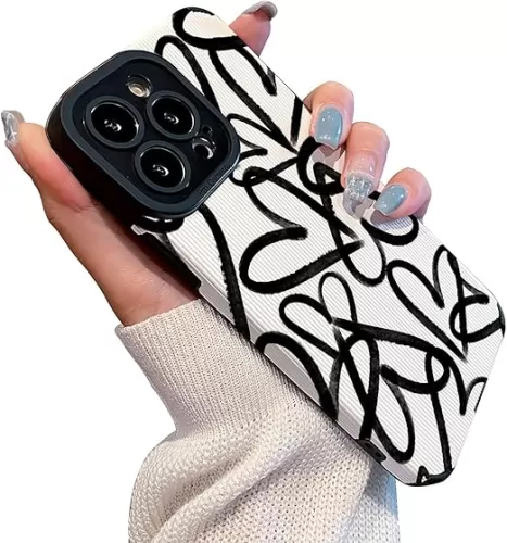 Love Heart Black and White Simple Design Graffiti Silicone Case Compatible with iPhone Case (iPhone 14)