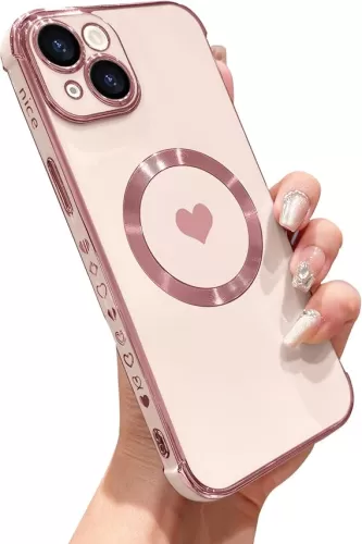 Magnetic Case for iPhone 13 Women Girls Luxury Plating Cute Love Heart Soft Back Cover Full Camera Lens Protection Compabtible with MagSafe Case for for iPhone 13 Case Pink
