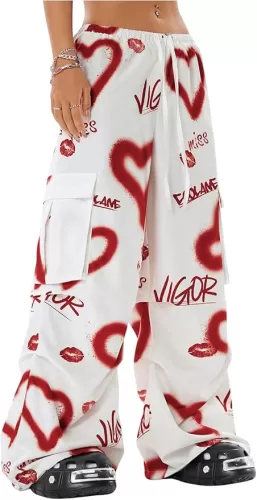 MakeMeChic Women's Heart Print Baggy Cargo Pants Flap Pocket Elastic Waist Wide Leg Trousers
