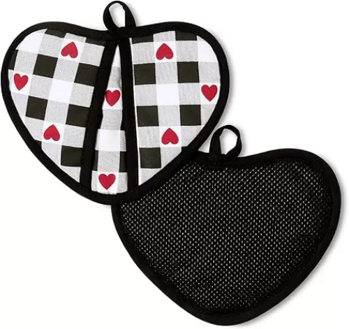 MARTHA STEWART Love Check Gingham Heart Shaped Pot Holder 2-Pack Set, 100% Cotton, Heat Resistant with Flexible Silicone Grip, Valentine’s Day Décor, Black/White/Red, 7”x8.5”