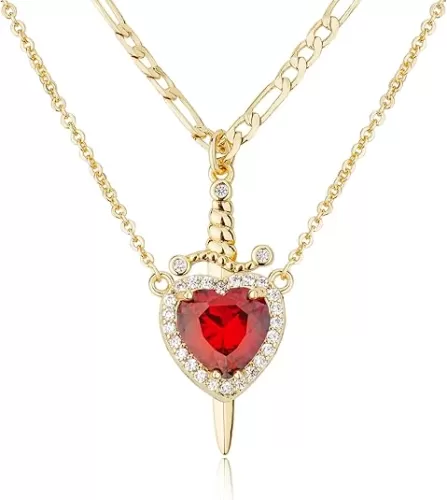 Matching Necklace for Couples 14K Gold Plated Sword and Heart Necklaces Trendy Set Dainty Zirconia Chain Pendant Jewelry Gifts for Him and Her