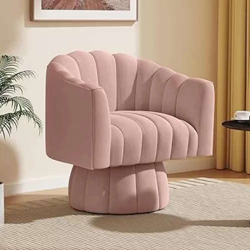 Mid Century 360 Degree Swivel Cuddle Barrel Accent Sofa Chairs, Round Armchairs with Wide Upholstered, Fluffy Velvet Fabric Chair for Living Room, Bedroom, Office, Waiting Rooms, (Pink)