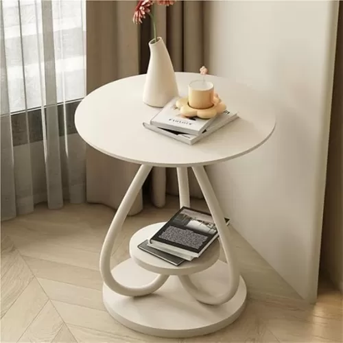 Modern Double-Layer Round Side Table with Heart-Shaped Metal Legs Space-Saving Coffee Table Bedside Table for Living Room Practical