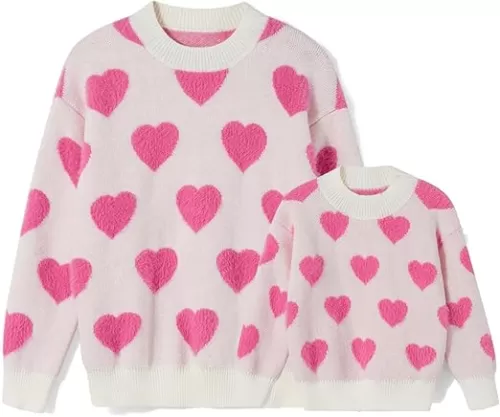 Mommy and Me Matching Sweaters Outfits Heart Graphic Sweater Family Matching Clothes Long Sleeve Pullover Tops