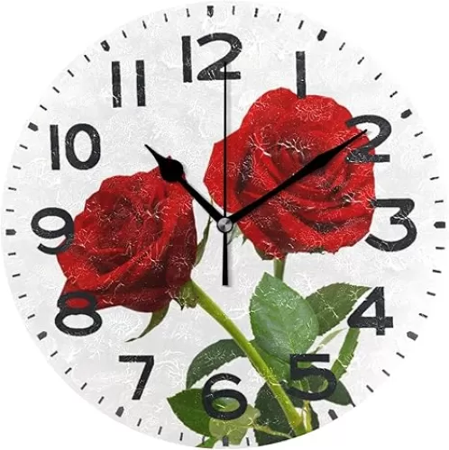 Naanle 3D Beautiful Couple Red Rose Flower Round Wall Clock, 9.5 Inch Battery Operated Quartz Analog Quiet Desk Clock for Home, Office, School