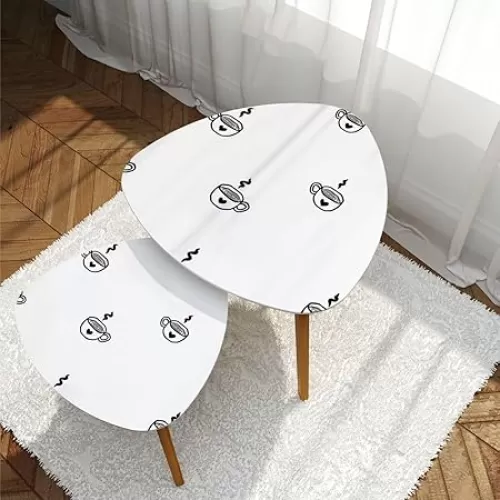 Nesting Tables Set of 2 Coffe Tea Cups Heart Shape Seamless Pattern White Vintage Modern Minimalist Side Table Triangle End Tables Center Small Coffee Tables for Living Room