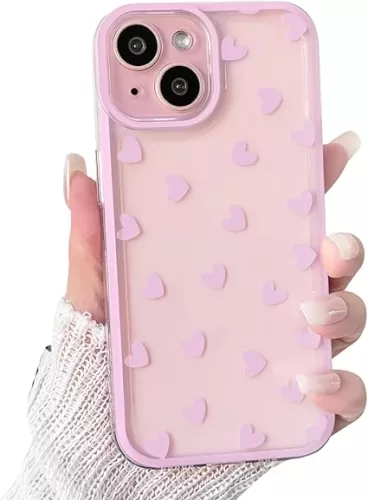 NITITOP Compatible with iPhone 13 Case Cute Clear Pink Durable Love Heart Pattern for Girls Women Soft TPU Transparent Colourful Frame Full Camera Lens Shockproof Protective Cover - Pink