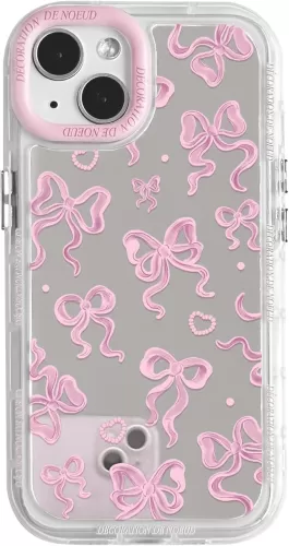 NITITOP Compatible with iPhone 13 Case Cute Mirror Bow Love Heart Pattern for Women Girls Ribbon Design Shockproof Silver Protective Phone Cover - Pink Bow