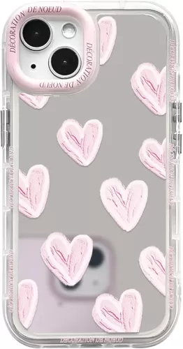 NITITOP Compatible with iPhone 15 Case Cute Glossy Mirror Love Heart Pattern for Women Girls Pink Frame Design Shockproof Silver Protective Phone Cover - Pink Heart