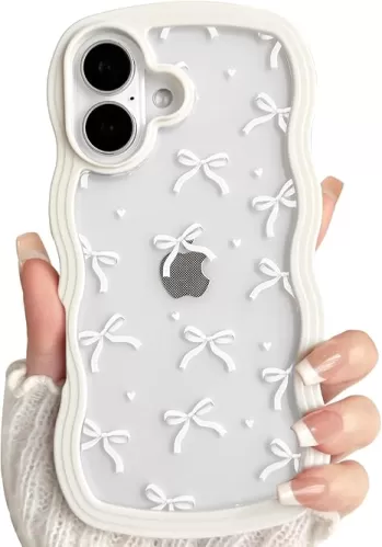 NITITOP Compatible with iPhone 16 Case Cute Clear Curly Wavy Frame Aesthetic Bow Ribbon Love Heart Pattern for Women Girls Bowknot Shockproof Soft TPU 2 in 1 Protective Phone Cover - White