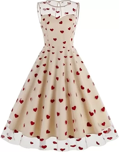 OBEEII Women 1950s Vintage Sleeveless Heart Embroidery Mesh Swing Dress A-line Wedding Guest Cocktail Tea Party Dress