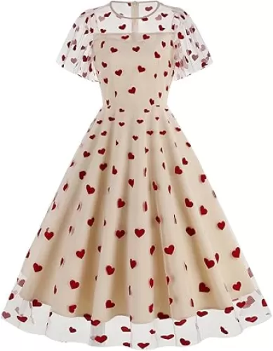 OBEEII Womens Short Sleeve Heart Embroidery Mesh A-line Swing Party Dress Valentine