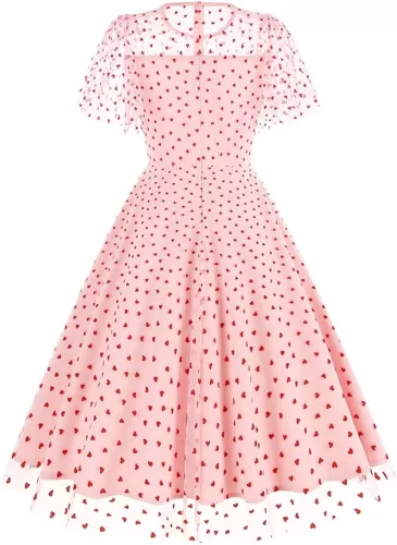ODIZLI Women's 1950s Retro Vintage Dress Short Sleeve Round Neck Heart Print Embroidery Ruffle Mesh Swing Dress