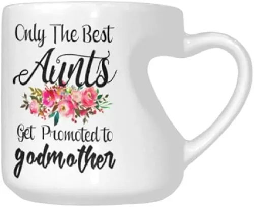 Only The Best Aunts Get Promoted To Godmother Coffee Mug Funny 10.3 Ounce White Ceramics Heart-Shaped Coffee Cup Gifts for Christmas Birthday Mug