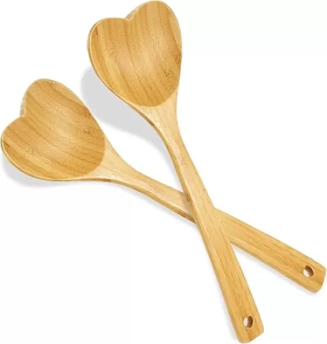 Patelai 2 Pieces Wooden Heart Spoons for Cooking 12.2 Inch Bamboo Spoon Kitchen Utensils for Housewarming, Valentines, Birthday, Wedding Gifts