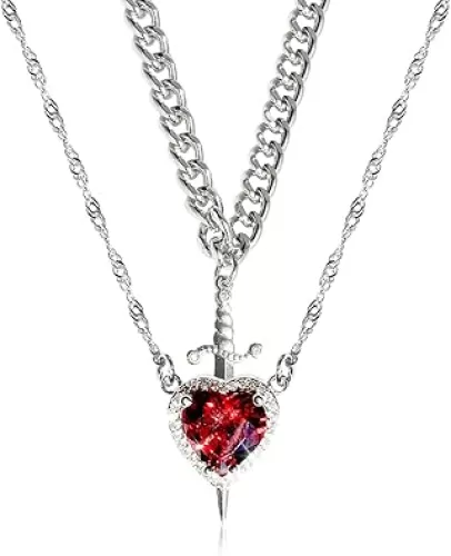 Personality Red Zircon Love Heart Dagger Pendant Necklace for Women Jewelry Gothic Sword Layered Necklace for Couple