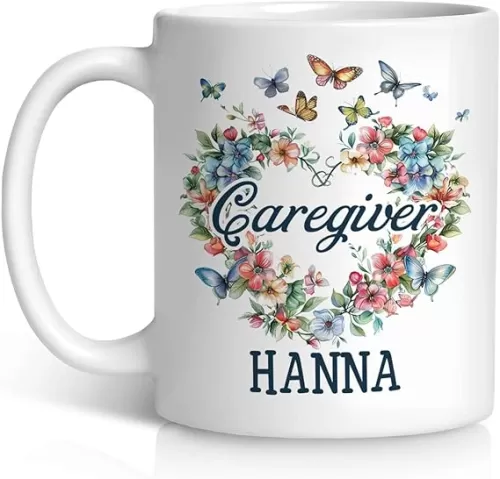 Personalized Caregiver Mug With Name, Customized Butterfly Coffee Cup For Caregivers, Heart Shaped Wreath Design On Mug, Custom Cute Caregiver Ceramic Cup 11oz 15oz, Gift For Women