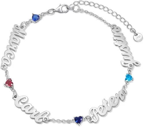 Personalized Mothers Bracelet Custom 2-5 Name Mom Bracelet with Heart Birthstone 925 Sterling Silver Personalized for Women